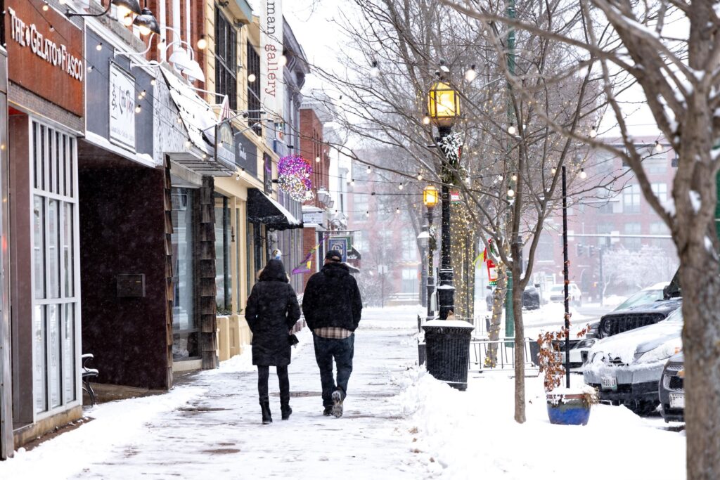 Holiday shopping and decorations in Brunswick, Maine, are accessible by train.