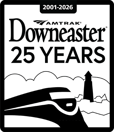 downeaster 25 year logo an illustration of a train riding by clouds and a lighthouse