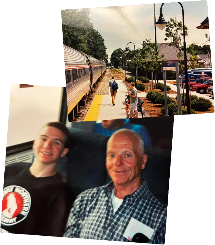 two photos of two grandsons with their father riding the train