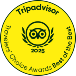 Yellow circular TripAdvisor badge with a green owl logo; reads 'Tripadvisor', 'Travelers' Choice Awards Best Of the Best', and '2025'.