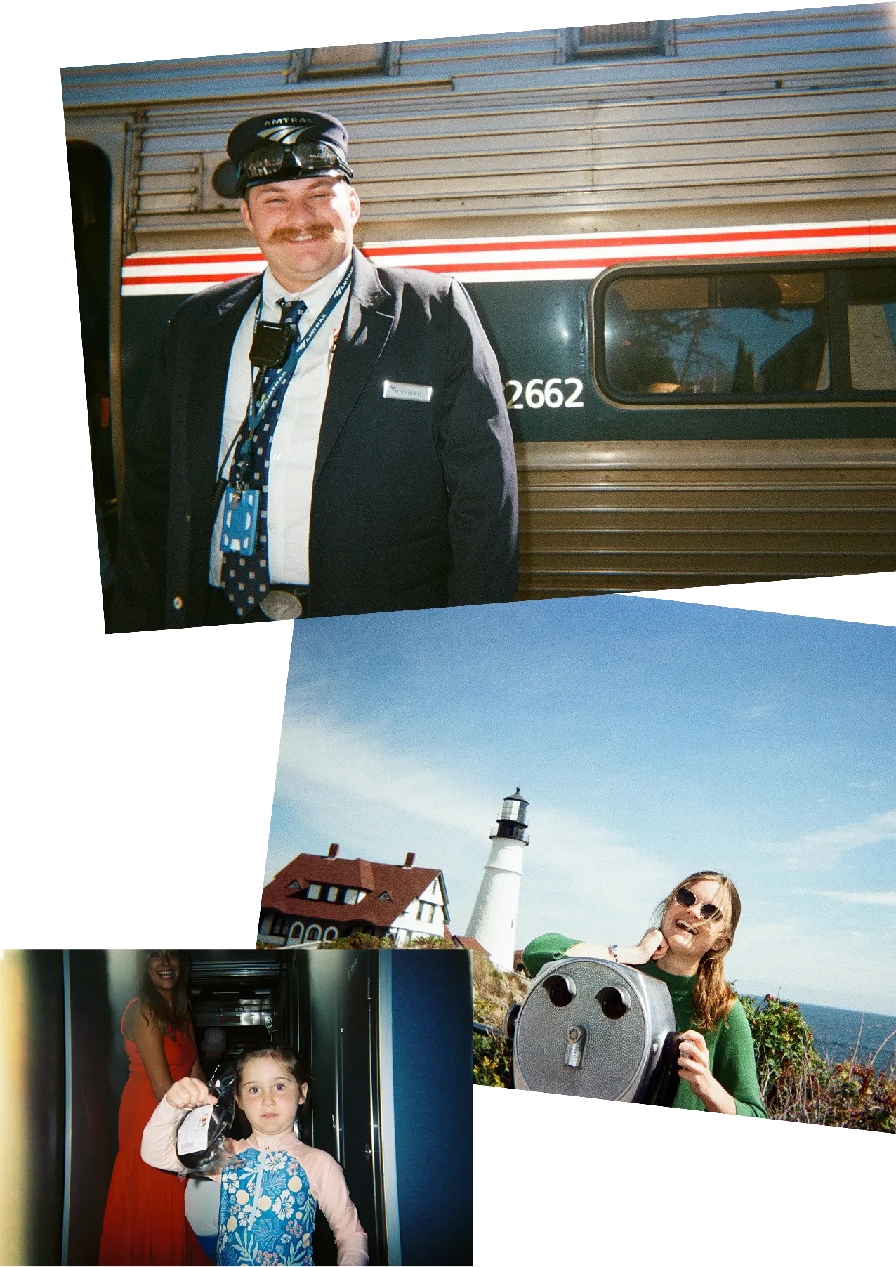 a collage of 3 photos. a conductor, a girl at a lighthouse, a girl in train